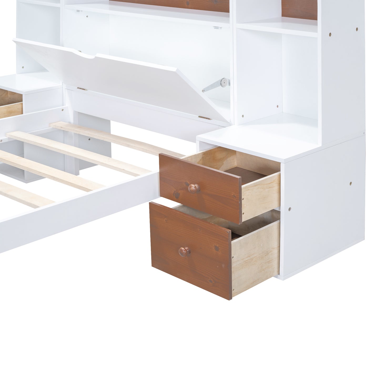 twin size platform bed with storage headboard and drawers, white