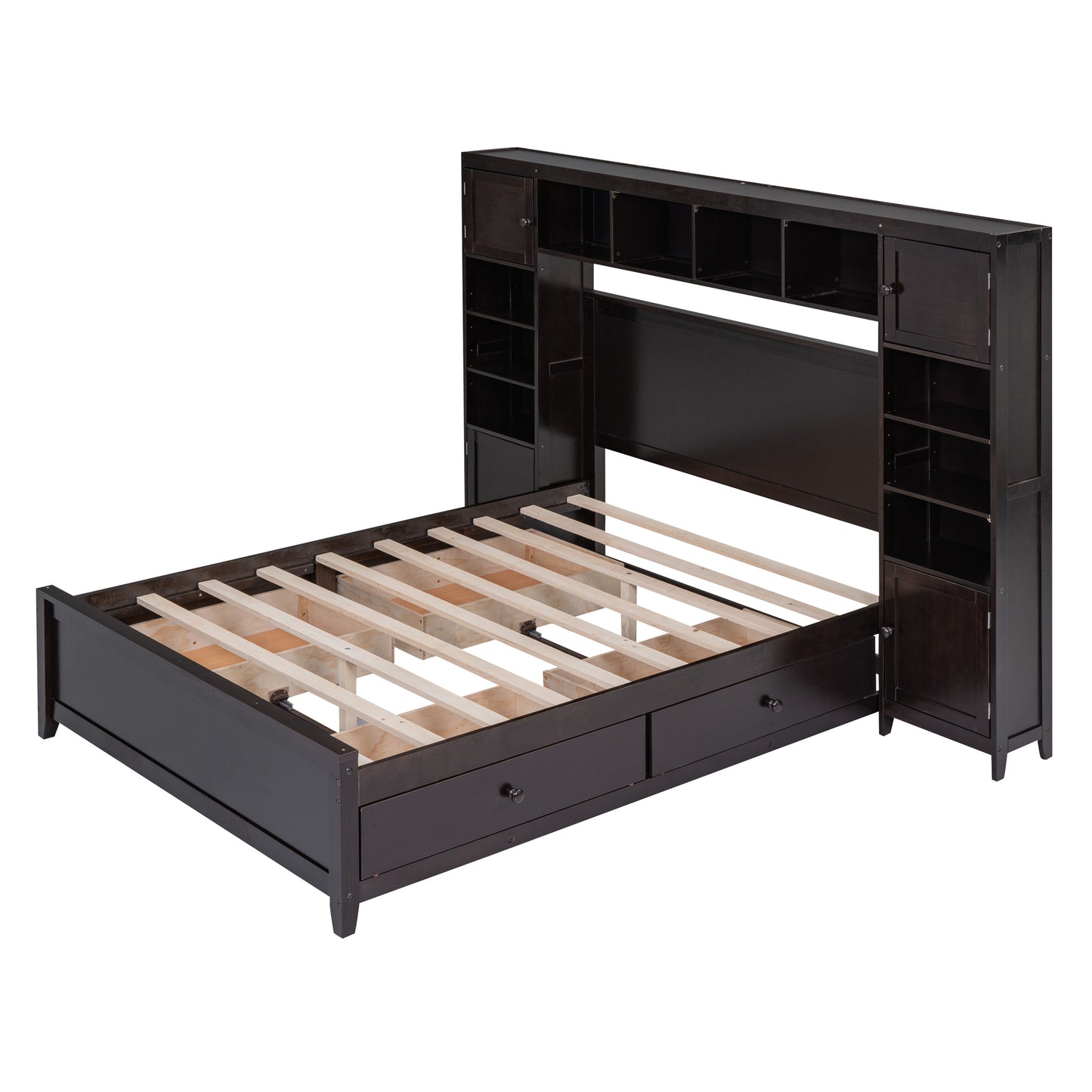 wooden bed with all-in-one cabinet and shelf