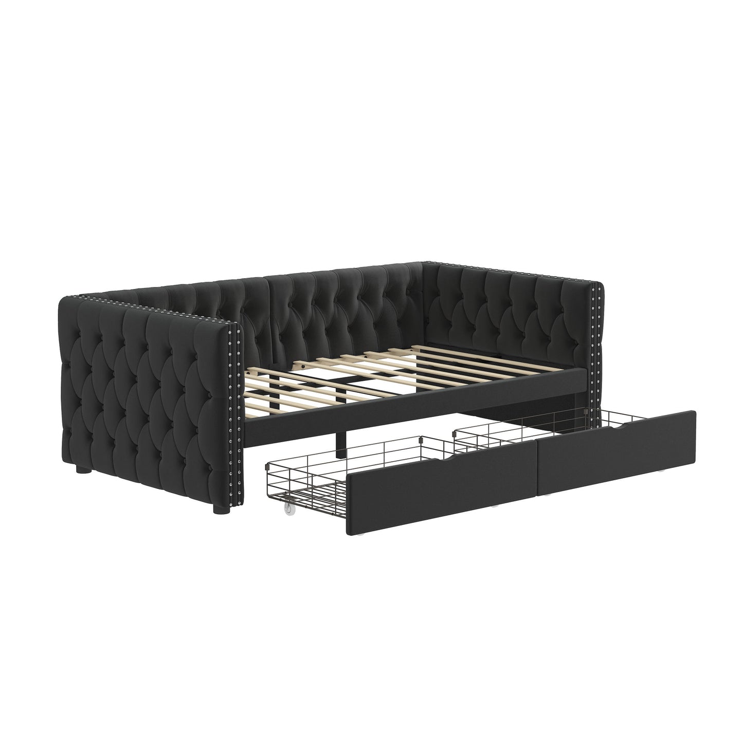 velvet upholstered tufted bed with drawers, black
