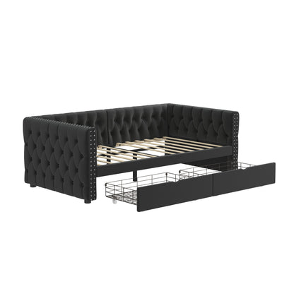 Velvet Upholstered Tufted Bed with Drawers, Black