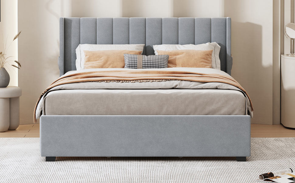 queen size upholstered bed with 4 drawers, gray
