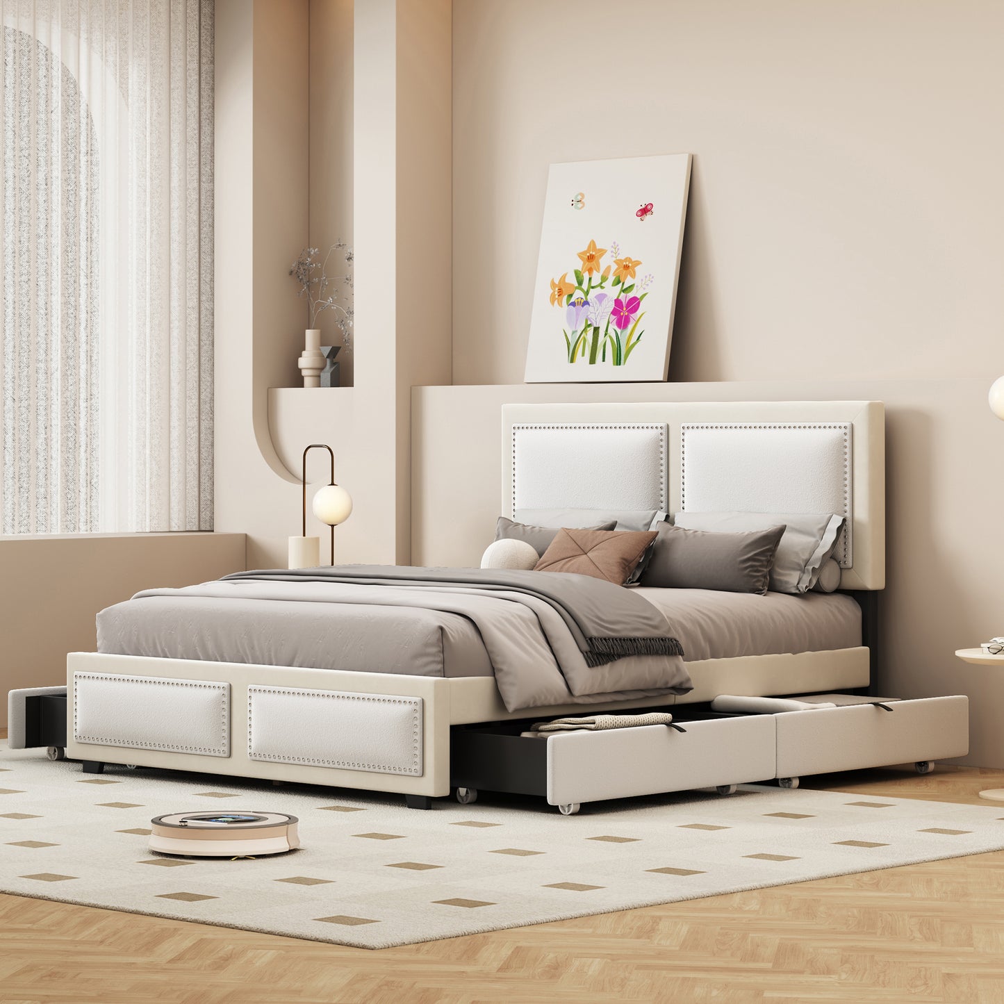 teddy upholstered platform bed with large rivet-decorated backrests and 4 drawers, velvet beige+white