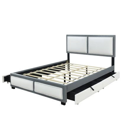 Teddy Upholstered Platform Bed with Large Rivet-decorated Backrests and 4 Drawers, Velvet Gray+White