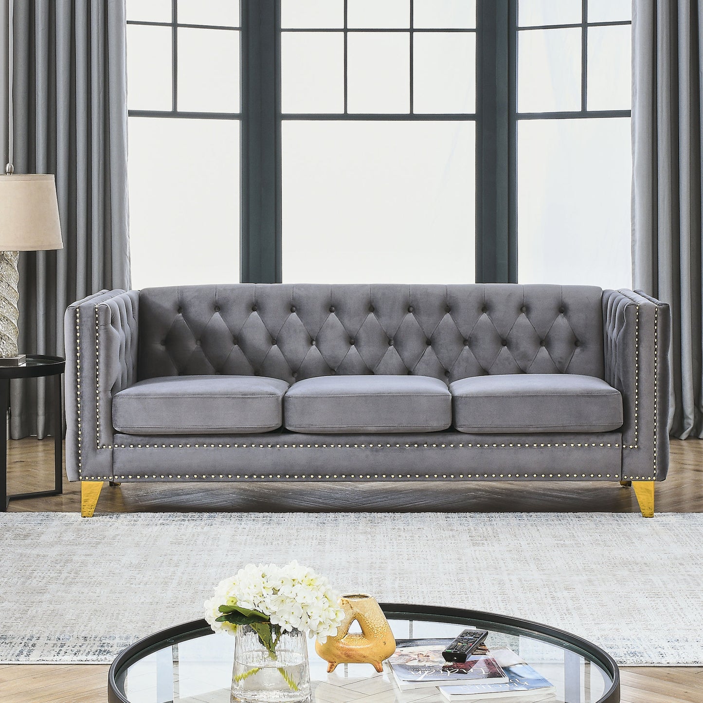 velvet sofa tufted square arm couch, grey velvet