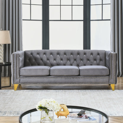 Velvet Sofa Tufted Square Arm Couch, Grey Velvet