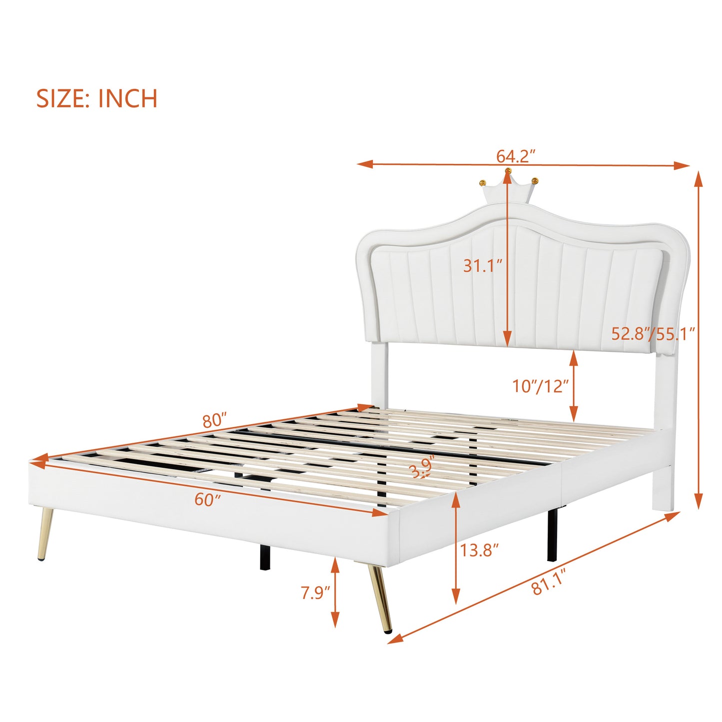 modern upholstered princess bed with crown headboard and led lights, white