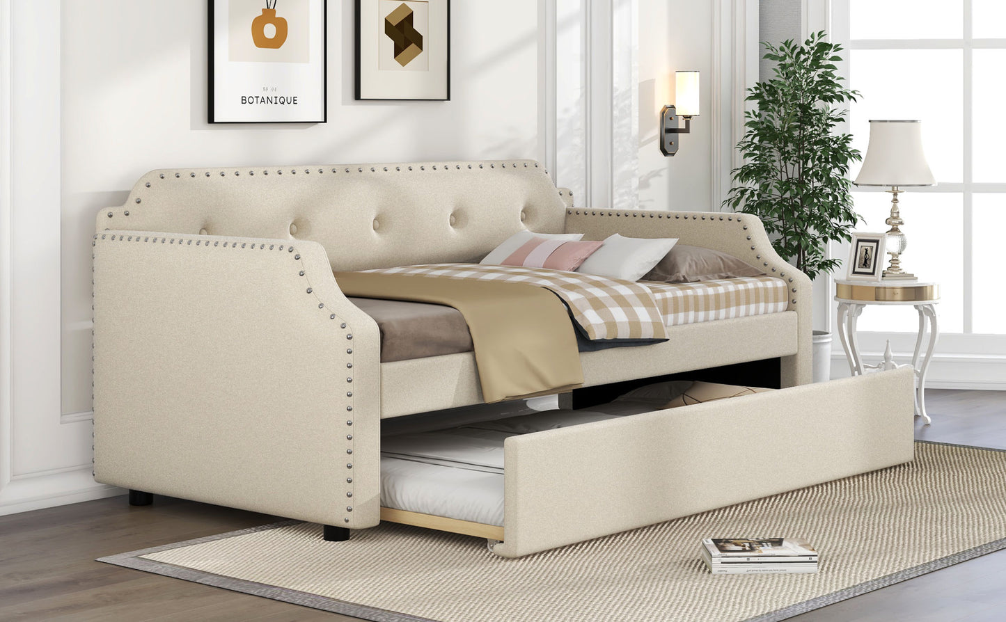 lizzy upholstered bed with trundle, beige