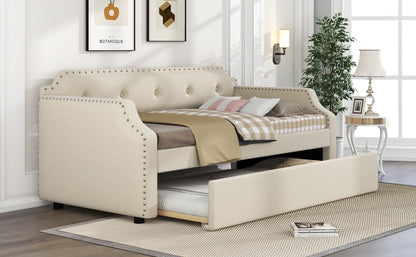 Lizzy Upholstered Bed with Trundle, Beige