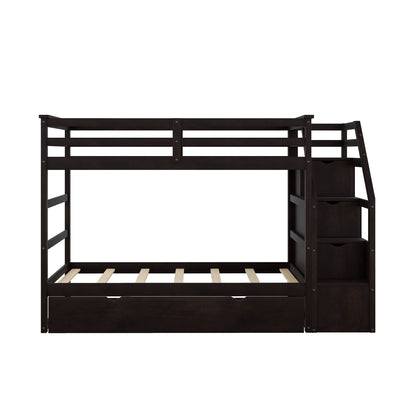 Twin-Over-Twin Bunk Bed with Twin Size Trundle and 3 Storage Stairs, Espresso