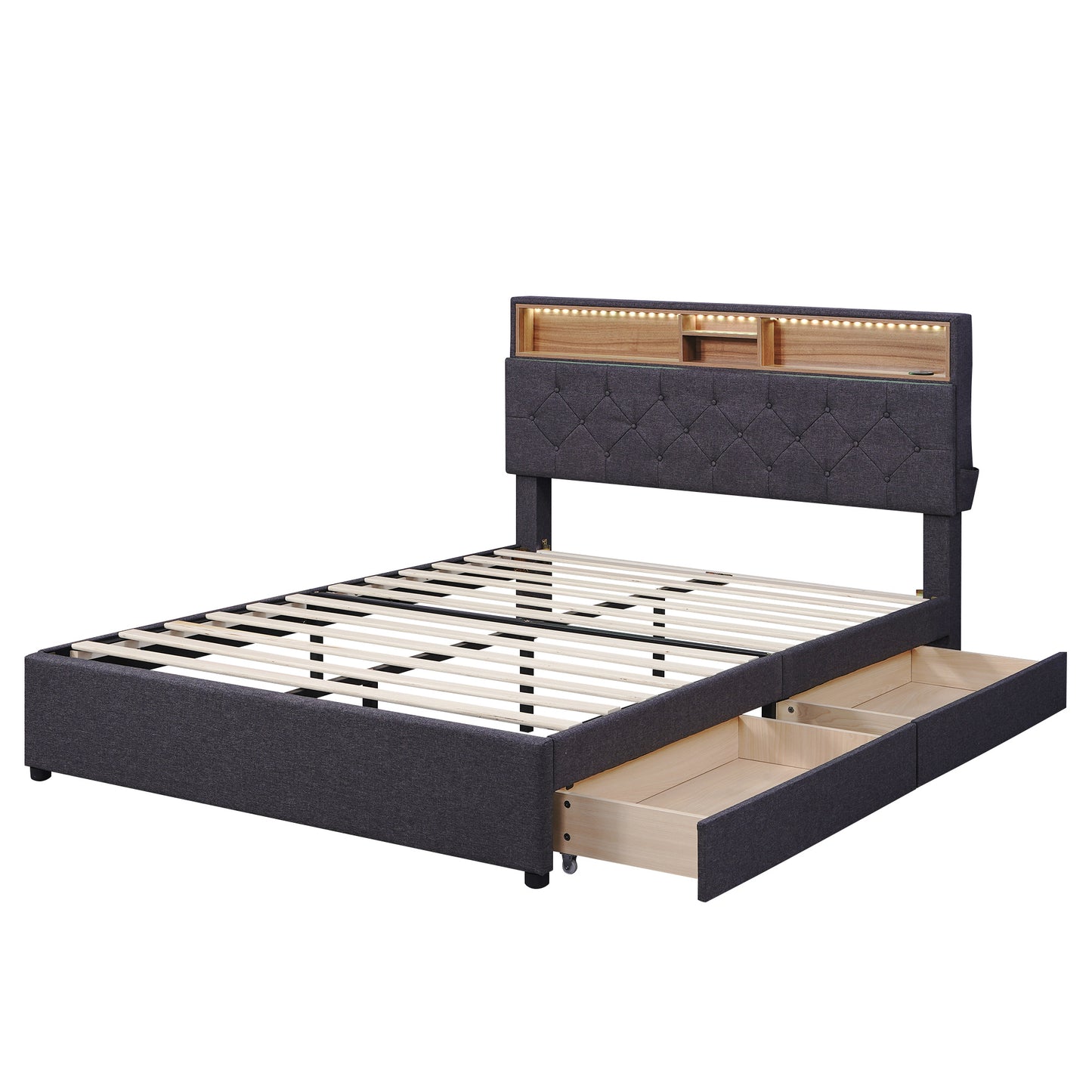 full size upholstered bed with storage headboard, led, usb charging and 2 drawers, dark gray