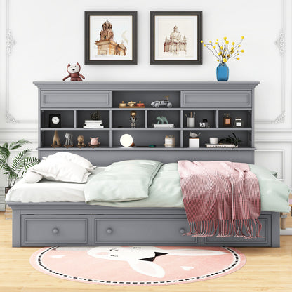 Wood Bed with Multi-Storage Shelves, Charging Station and 3 Drawers, Gray