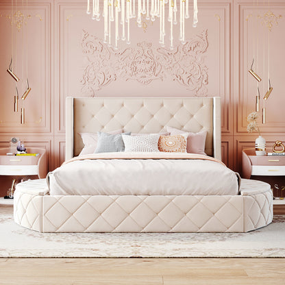 Upholstered Velvet Platform Bed with Wingback Headboard and 1 Big Drawer; 2 Side Storage Stool