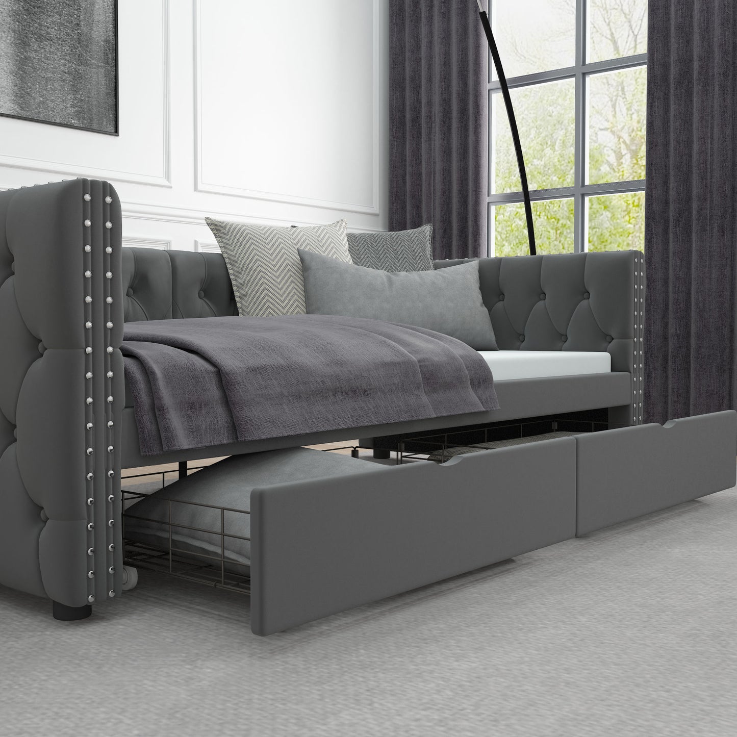 velvet upholstered tufted bed with drawers, grey