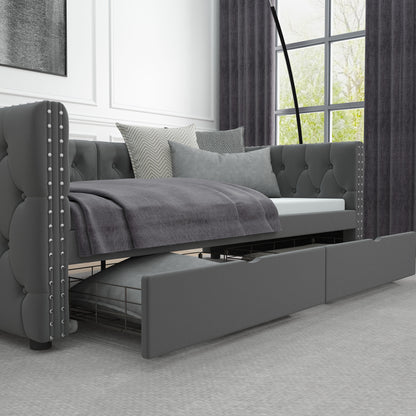 Velvet Upholstered Tufted Bed with Drawers, Grey