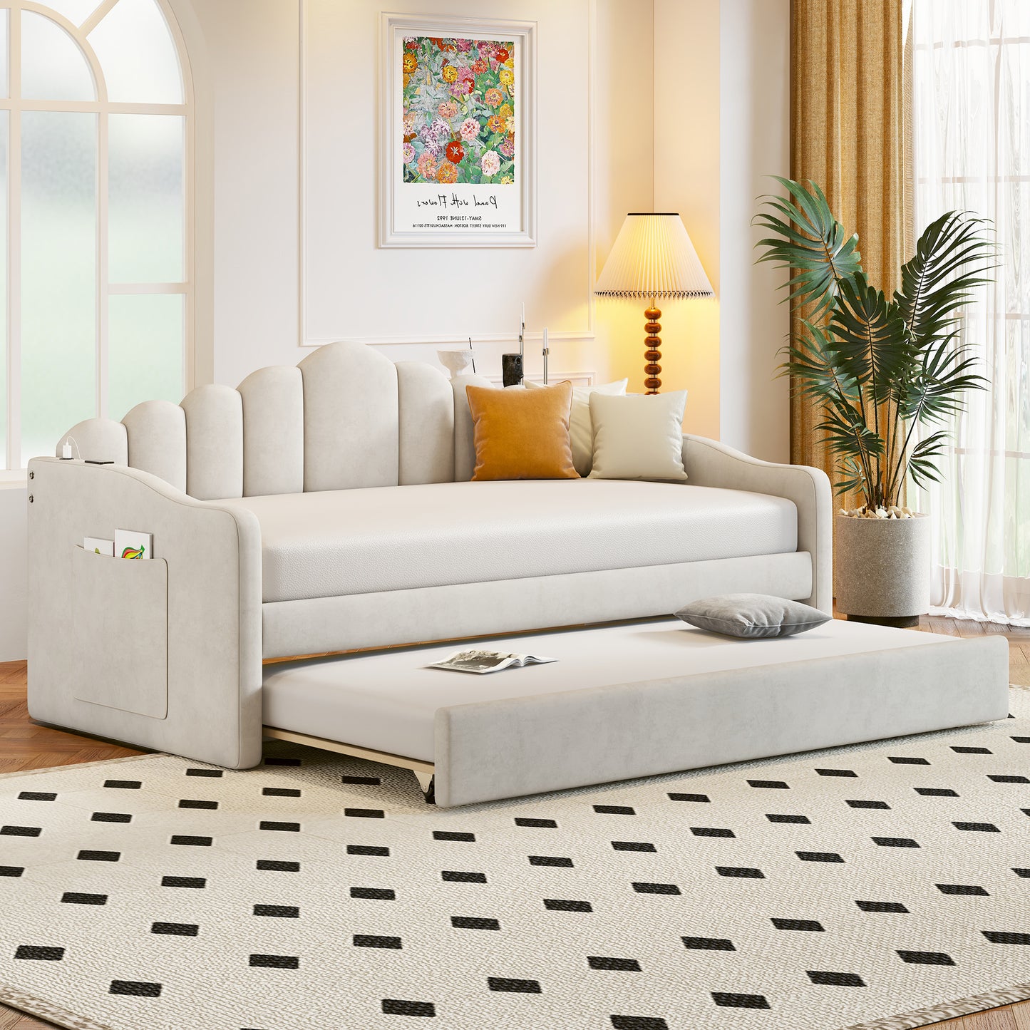 upholstered velvet bed with usb charging ports, beige