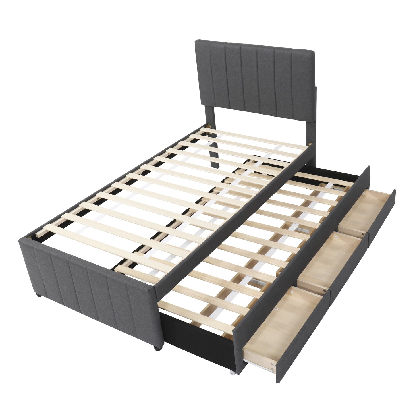 dana upholstered platform bed with trundle and 3 drawers, gray