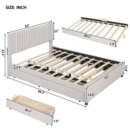 Queen Size Upholstered Platform Bed with 2 Drawers and 1 Twin XL Trundle, Beige