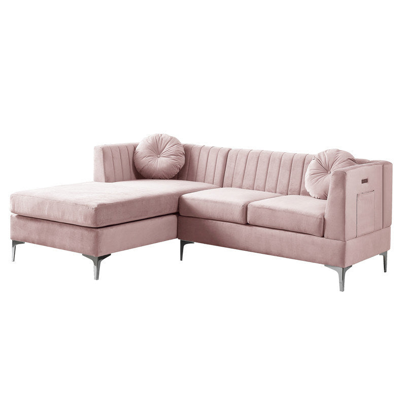 chloe velvet sectional sofa chaise with usb charging port, pink