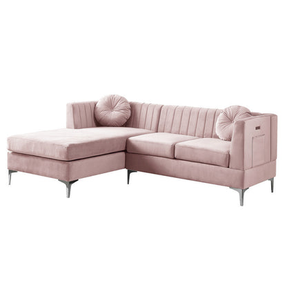 Chloe Velvet Sectional Sofa Chaise with USB Charging Port, Pink