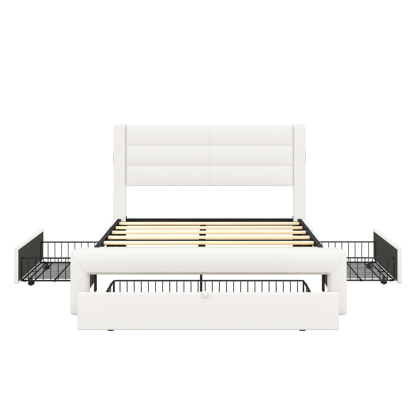 leather upholstered platform bed with drawer storage & charging station, white
