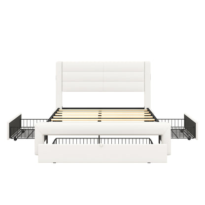 Leather Upholstered Platform Bed with Drawer Storage & Charging Station, White