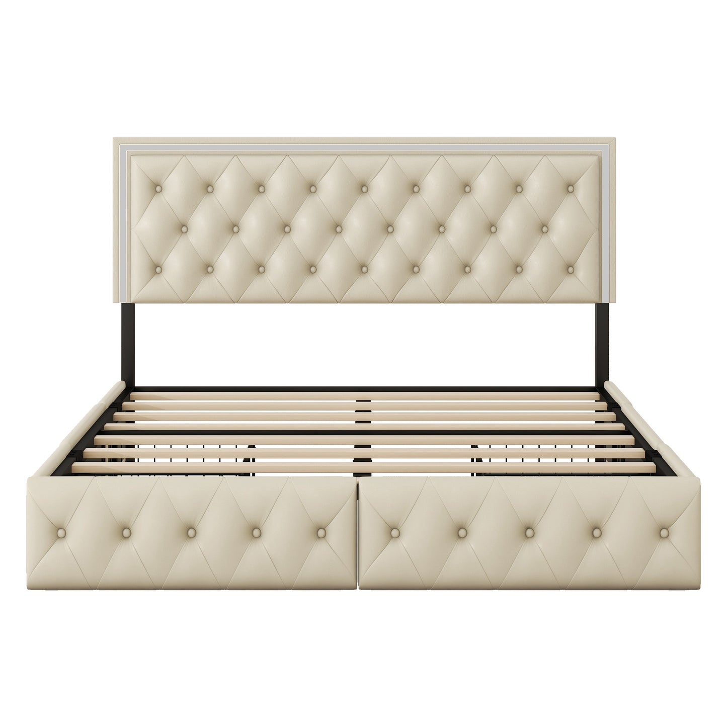 upholstered leather led headboard bed frame with 4 storage drawers, beige