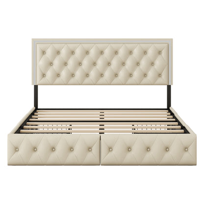 Upholstered Leather LED Headboard Bed Frame with 4 Storage Drawers, Beige