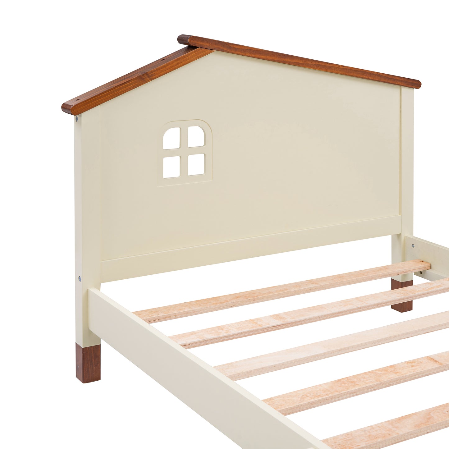 wood platform bed with house-shaped headboard (cream+walnut)