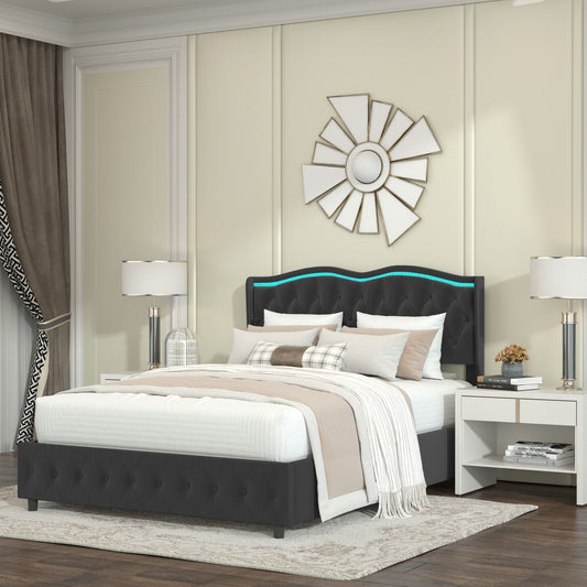 Velvet Upholstered Bed with Deep Tufted Buttons, Adjustable Colorful LED Light Decorative Headboard, Bed Sides with Pull-Out Storage 4 Drawers, Black