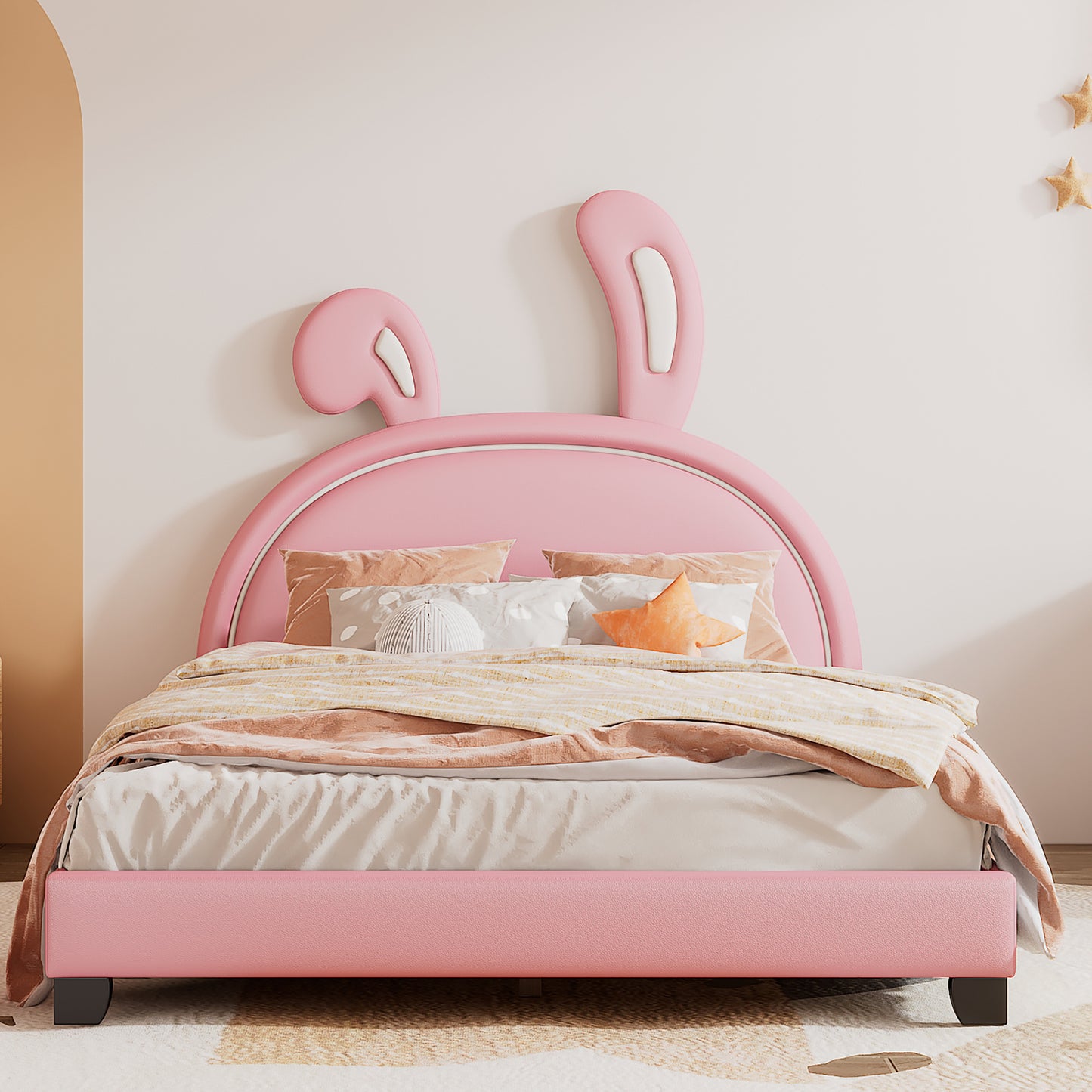 upholstered leather platform bed with rabbit ornament, pink