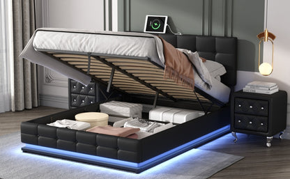 3-Pieces Upholstered Bedroom Sets with LED Lights ,Hydraulic Storage System, and USB Charging Station