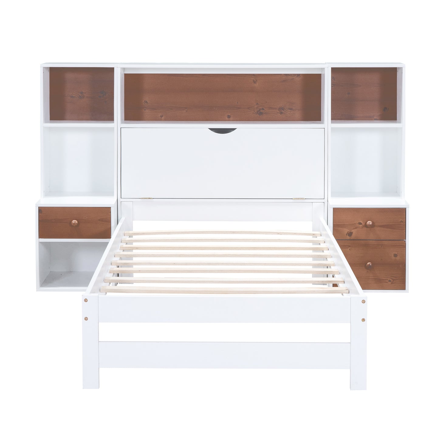 twin size platform bed with storage headboard and drawers, white