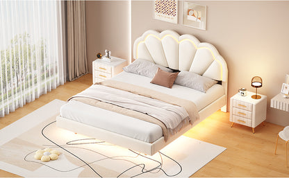 Queen Upholstered Smart LED Bed Frame with Elegant Flowers Headboard, Beige