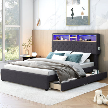 Full Size Upholstered Bed with Storage Headboard, LED, USB Charging and 2 Drawers, Dark Gray
