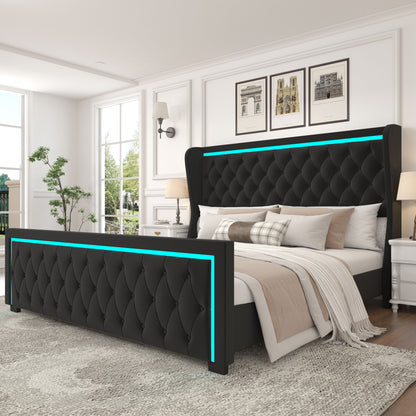 Velvet Upholstered Bed with Deep Tufted Buttons & Adjustable Colorful LED Light, Black