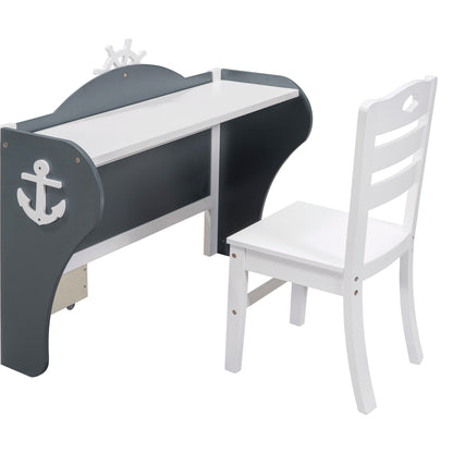 Boat-Shaped Platform Bed with Two Drawers, Desk and Chair, White+Gray