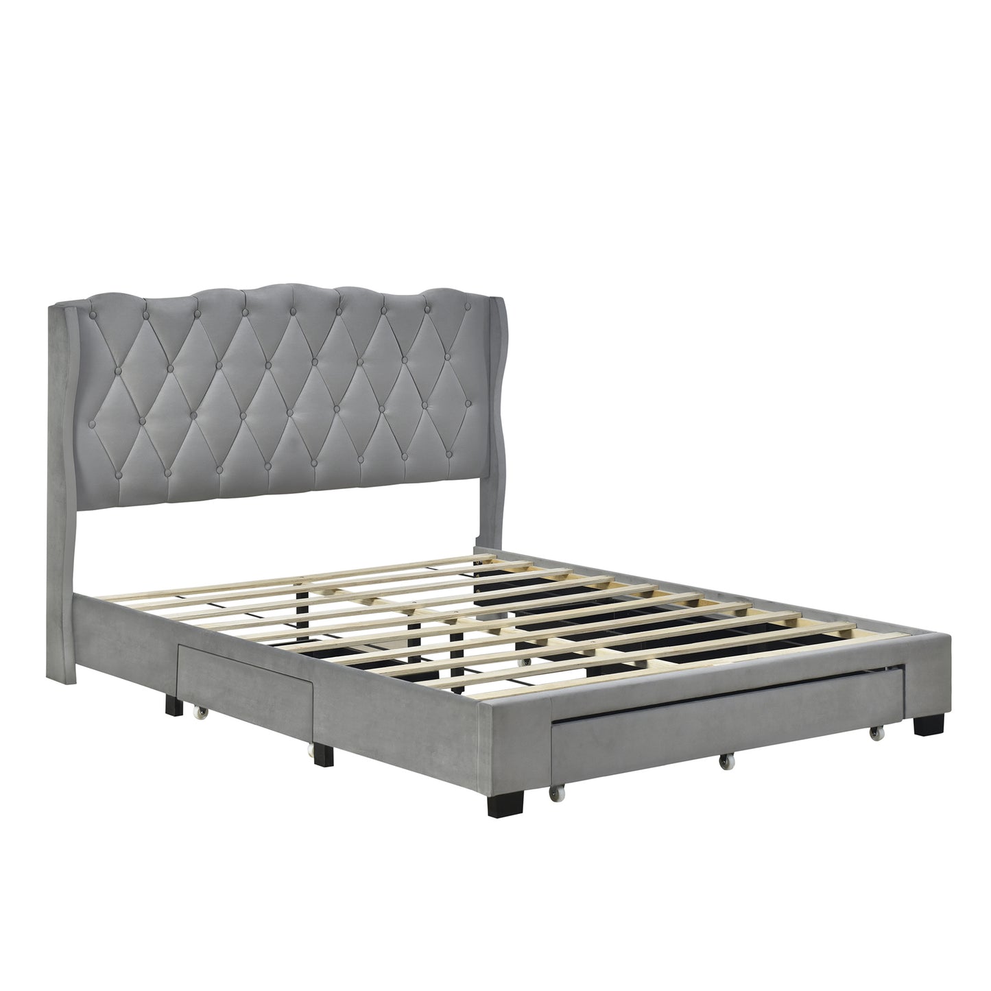 velvet upholstered platform bed with tufted headboard and 3 drawers, gray