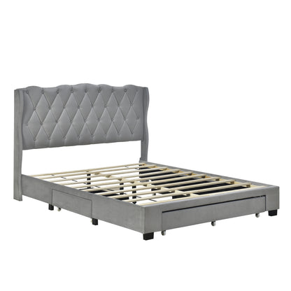 Velvet Upholstered Platform Bed with Tufted Headboard and 3 Drawers, Gray