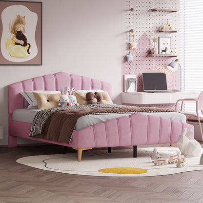 Stylish Velvet Platform Bed with Thick Fabric, Pink