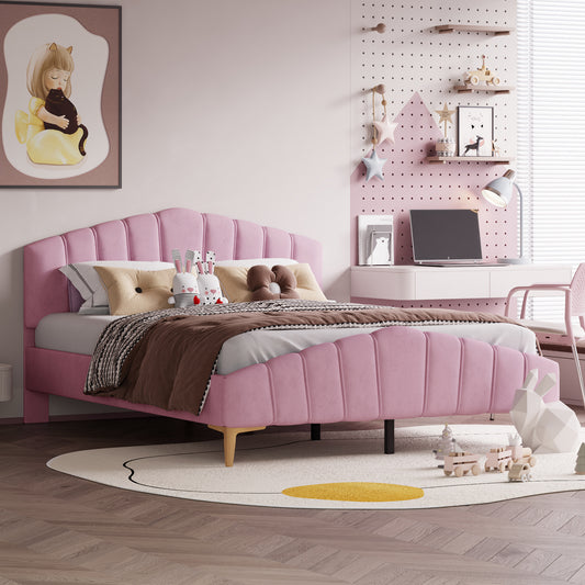 Stylish Velvet Platform Bed with Thick Fabric, Pink