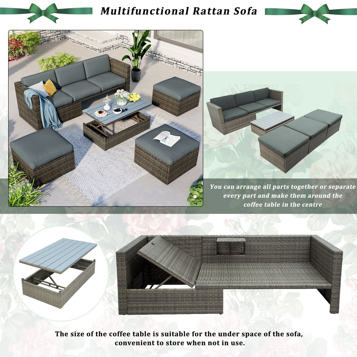 5-piece patio wicker sofa set cushions; ottomans and lift top coffee table included