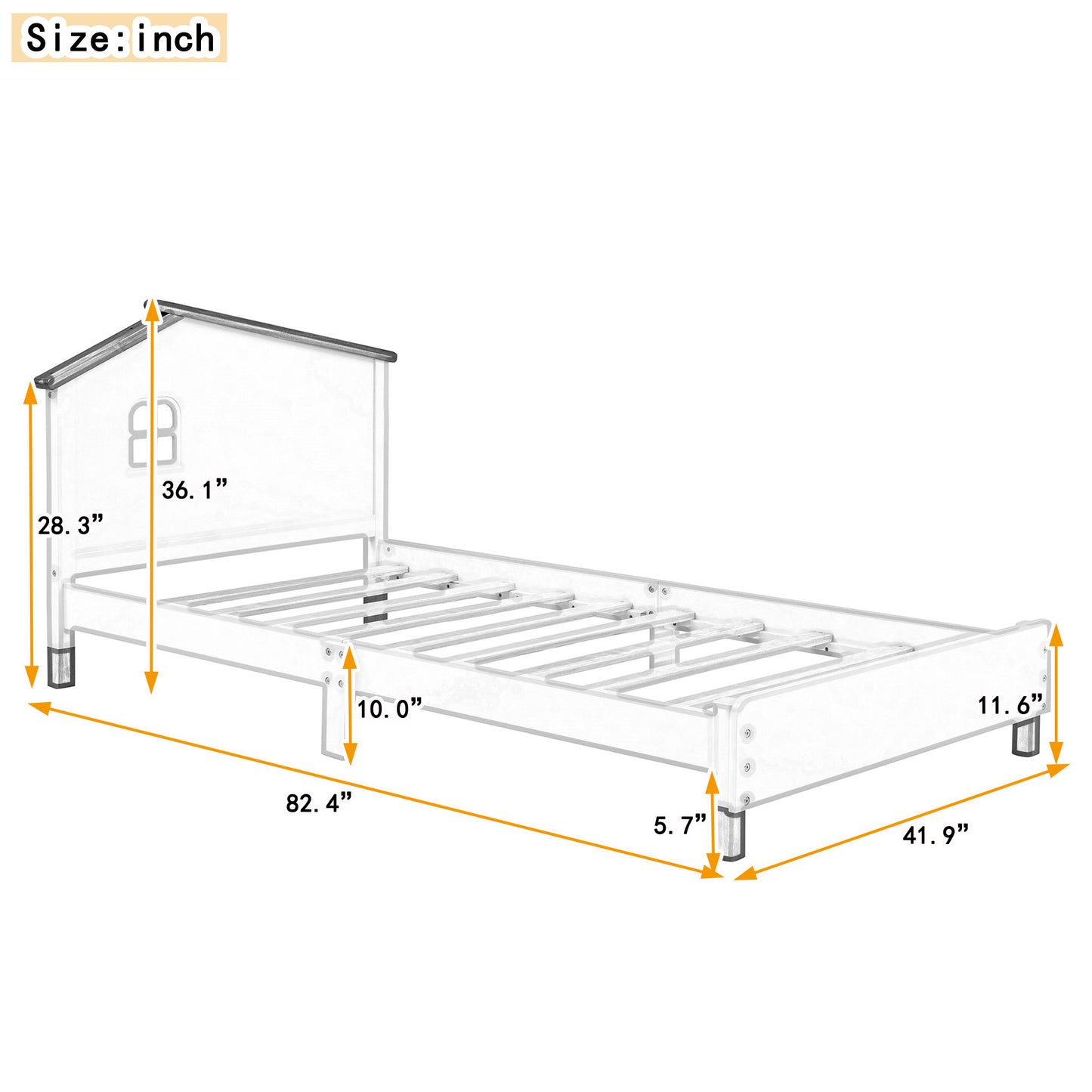 wood platform bed with house-shaped headboard (cream+walnut)