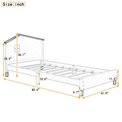 Wood Platform Bed with House-shaped Headboard (Cream+Walnut)
