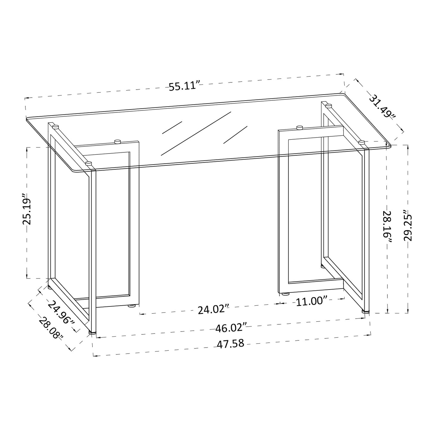 55.11'' iron dining table with tempered glass top, clear & gold