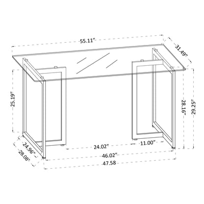 55.11'' Iron Dining Table with Tempered Glass Top, Clear & Gold