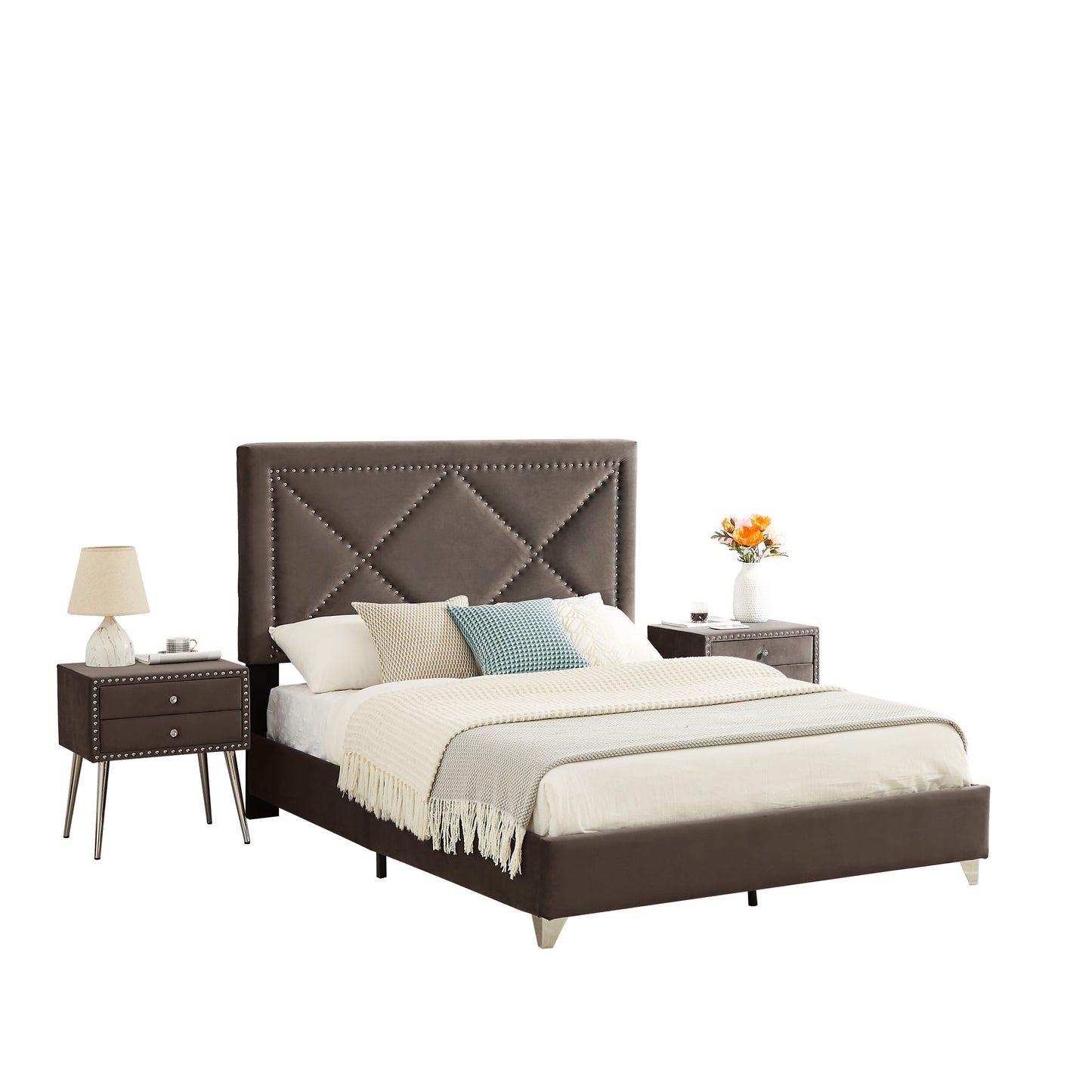 b109 queen bed with two nightstands, + metal legs with electroplate