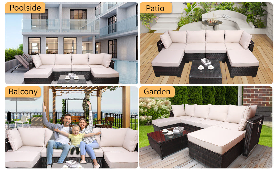 7 pieces outdoor patio sectional sofa couch set with washable cushions & glass coffee table