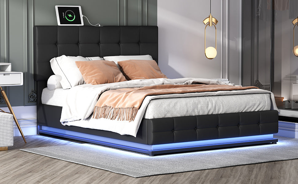 tufted upholstered platform bed with hydraulic storage system, led lights, and usb charger, black