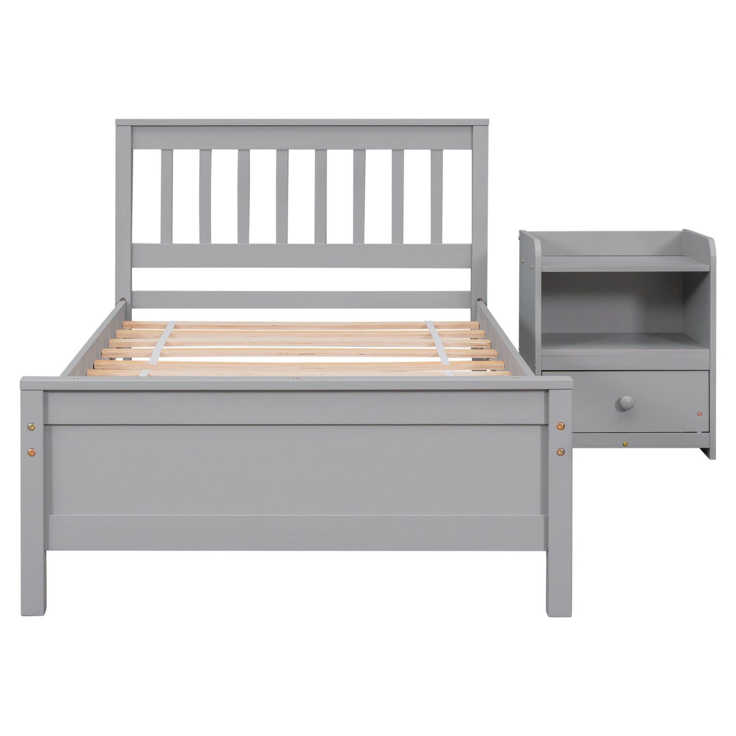 twin bed with headboard & nightstand, grey