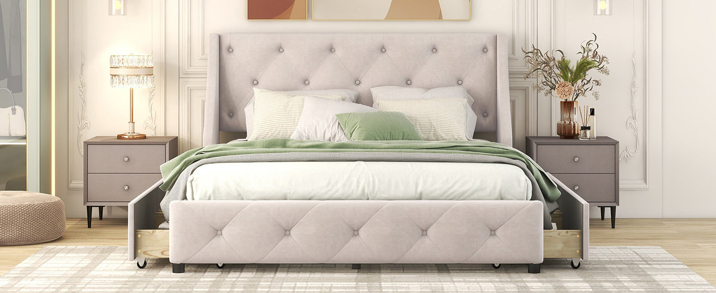 upholstered platform bed with wingback tufted headboard and 4 drawers, beige